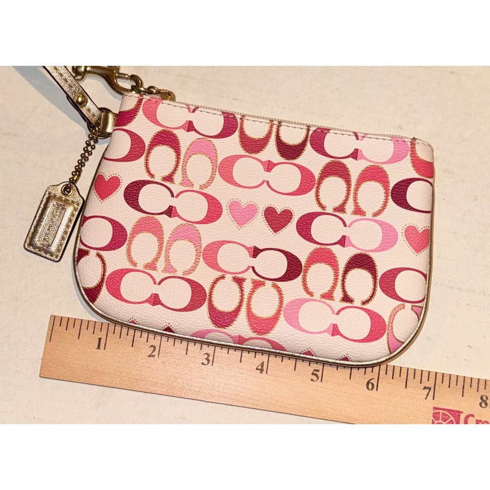 NWOT Coach Signature C Heart Print Wristlet White Pink Red Gold Metallic Leather - Picture 8 of 9